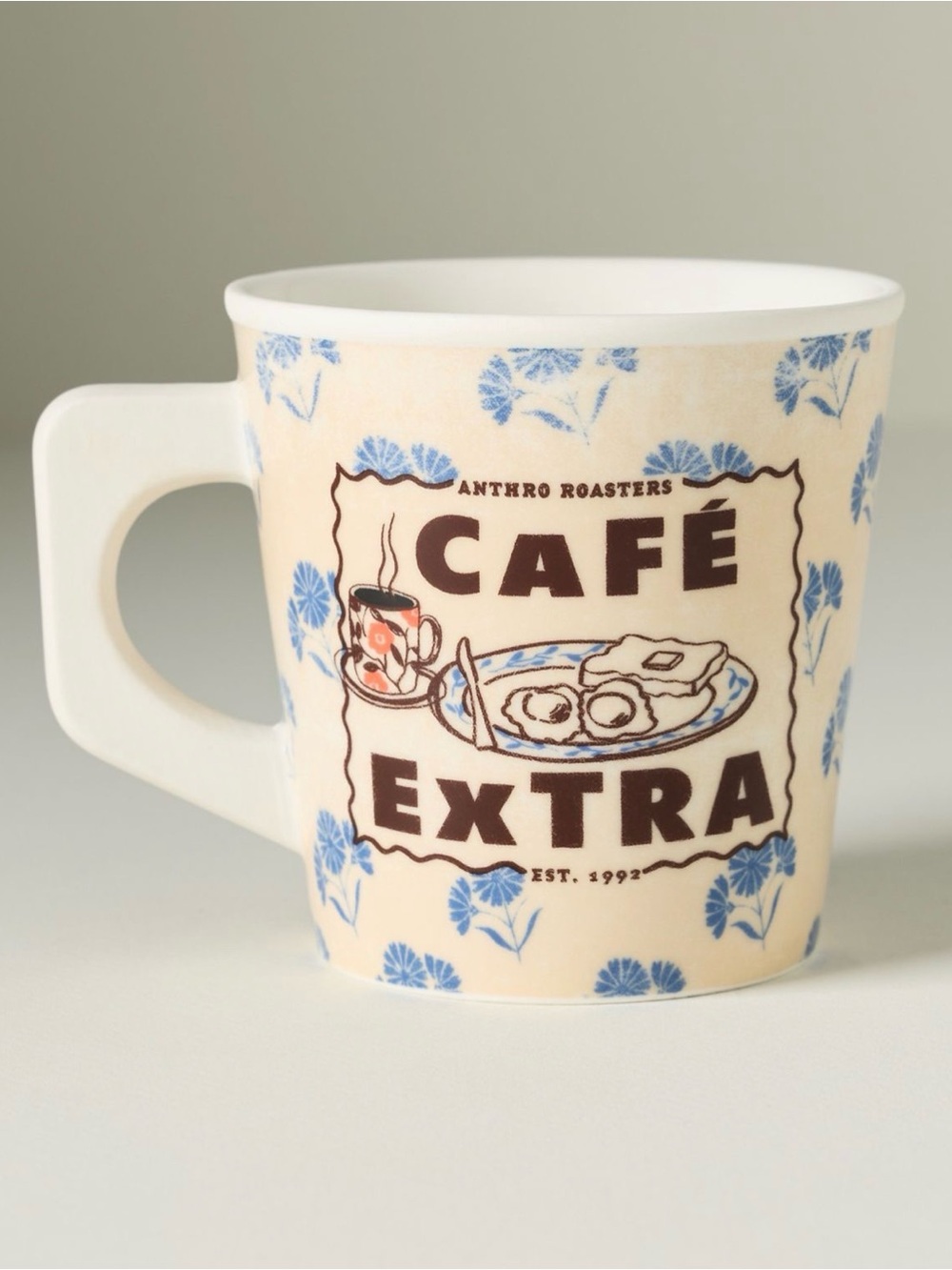 Anthropologie Retro Diner Coffee Mug Glace Stoneware in Blue Floral Cafe Extra